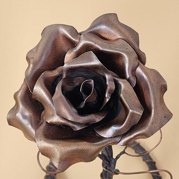 Vintage Handcrafted Antique Copper Finish Metal Rose Sculpture Art Piece - Picture 6 of 10